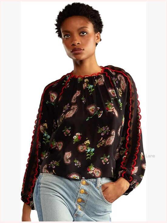 Tops - Mock Neck Paisley Print Silk Blouse with Puff Sleeves